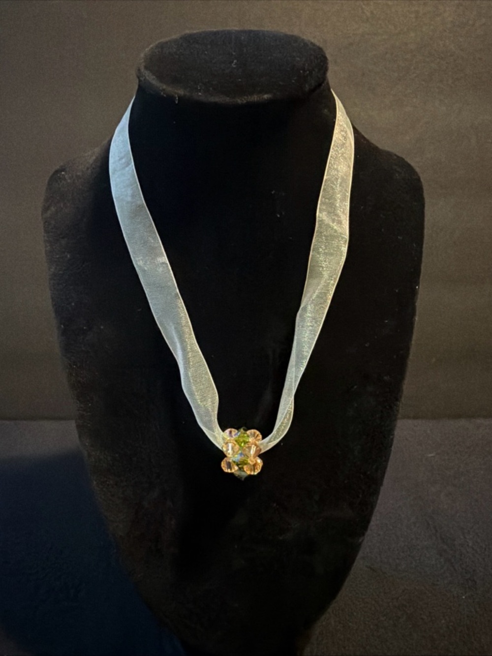 Y2K Sheer Ribbon Necklace with Iridescent Crystal Cluster and 925 Silver Clasp